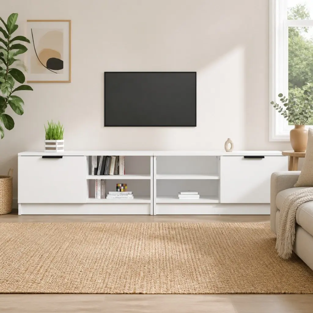 TV Cabinet White Engineered Wood Storage Unit with Shelves and Compartment for Living Room Media 80 x 35 x 36.5 cm