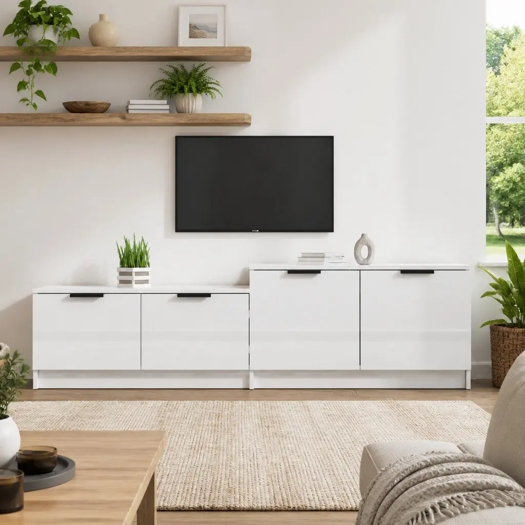 TV Cabinet White High Gloss Modern Storage Unit with Doors Compartments Engineered Wood