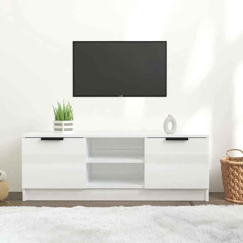 TV Cabinet White High Gloss 102cm Engineered Wood with Open Closed Compartments