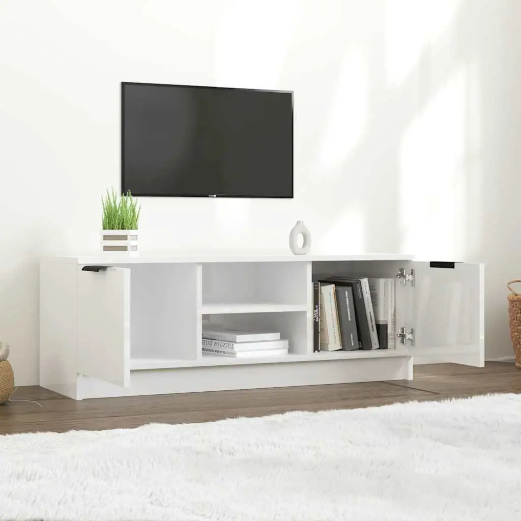 TV Cabinet White High Gloss 102cm Engineered Wood with Open Closed Compartments