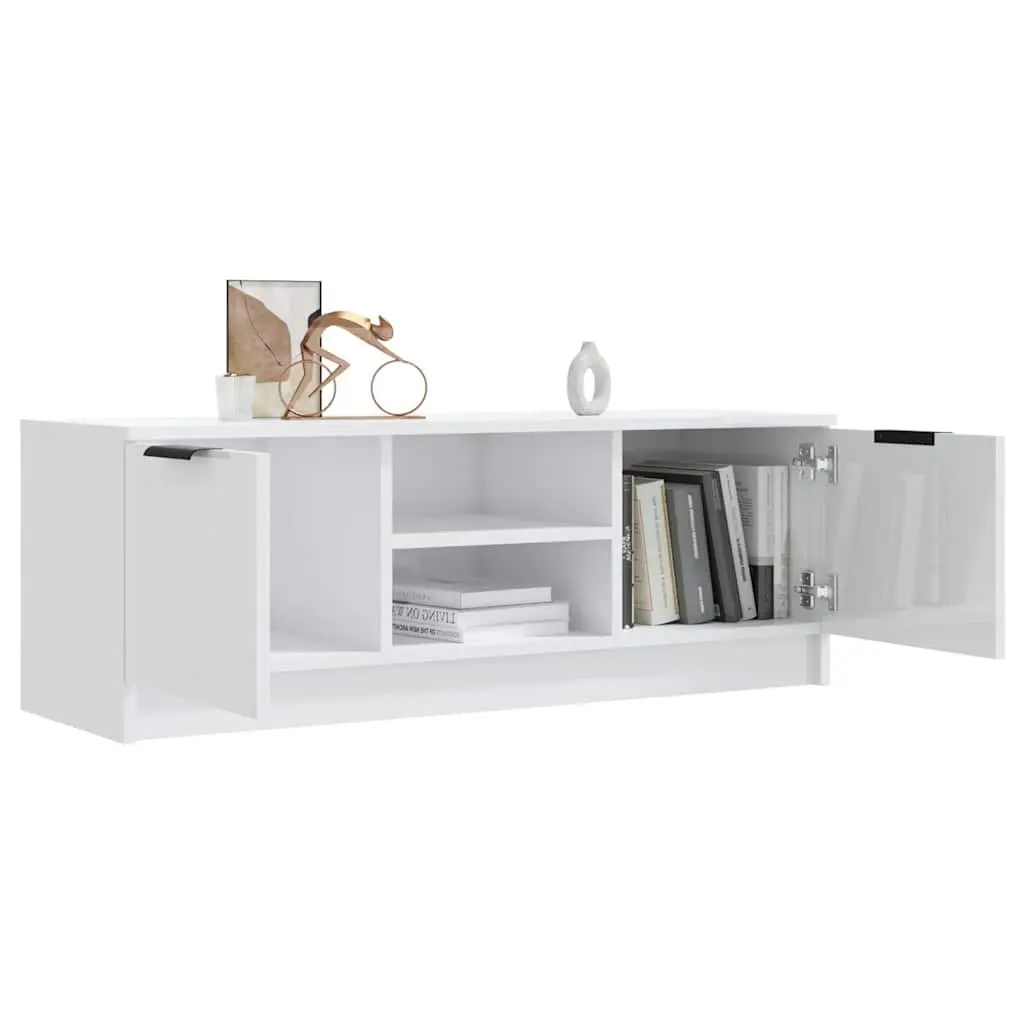 TV Cabinet White High Gloss 102cm Engineered Wood with Open Closed Compartments