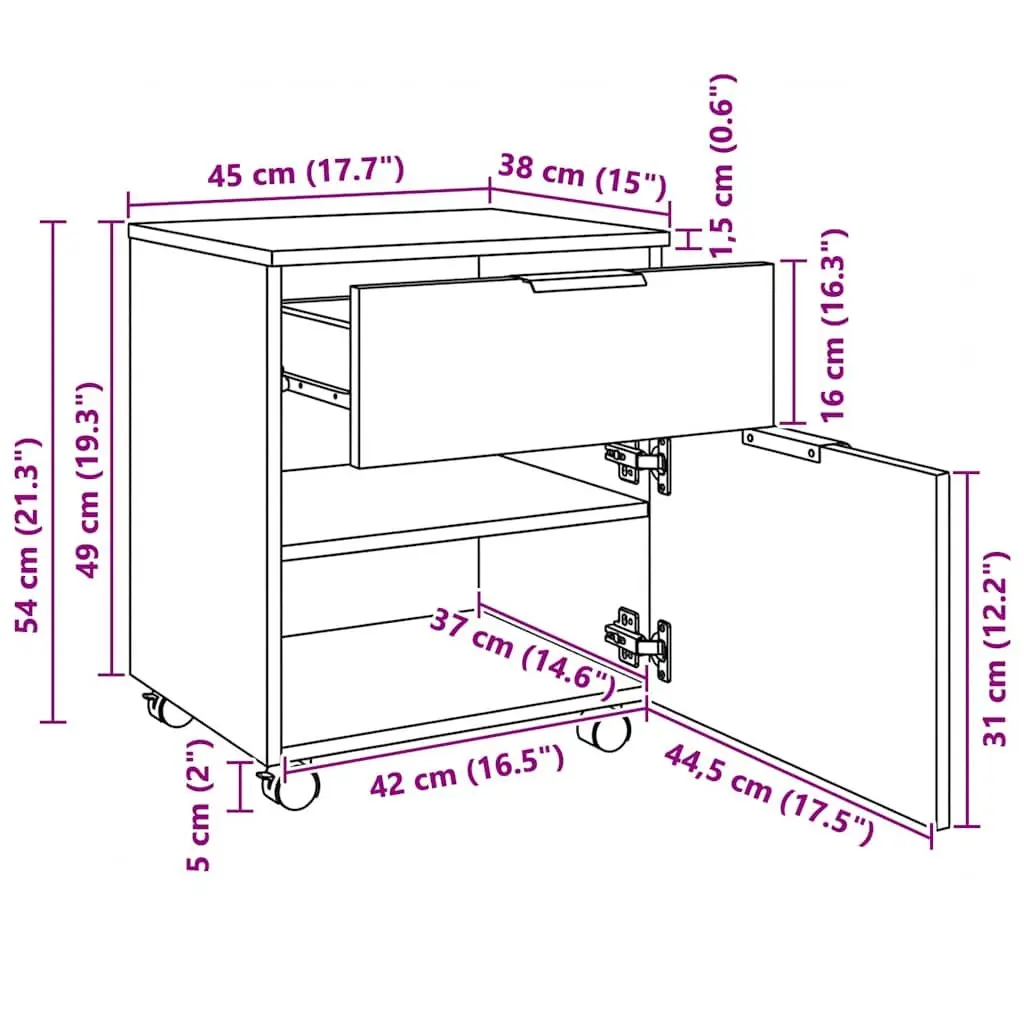 Mobile File Cabinet with Wheels White Storage Desk Organizer 45x38x54cm