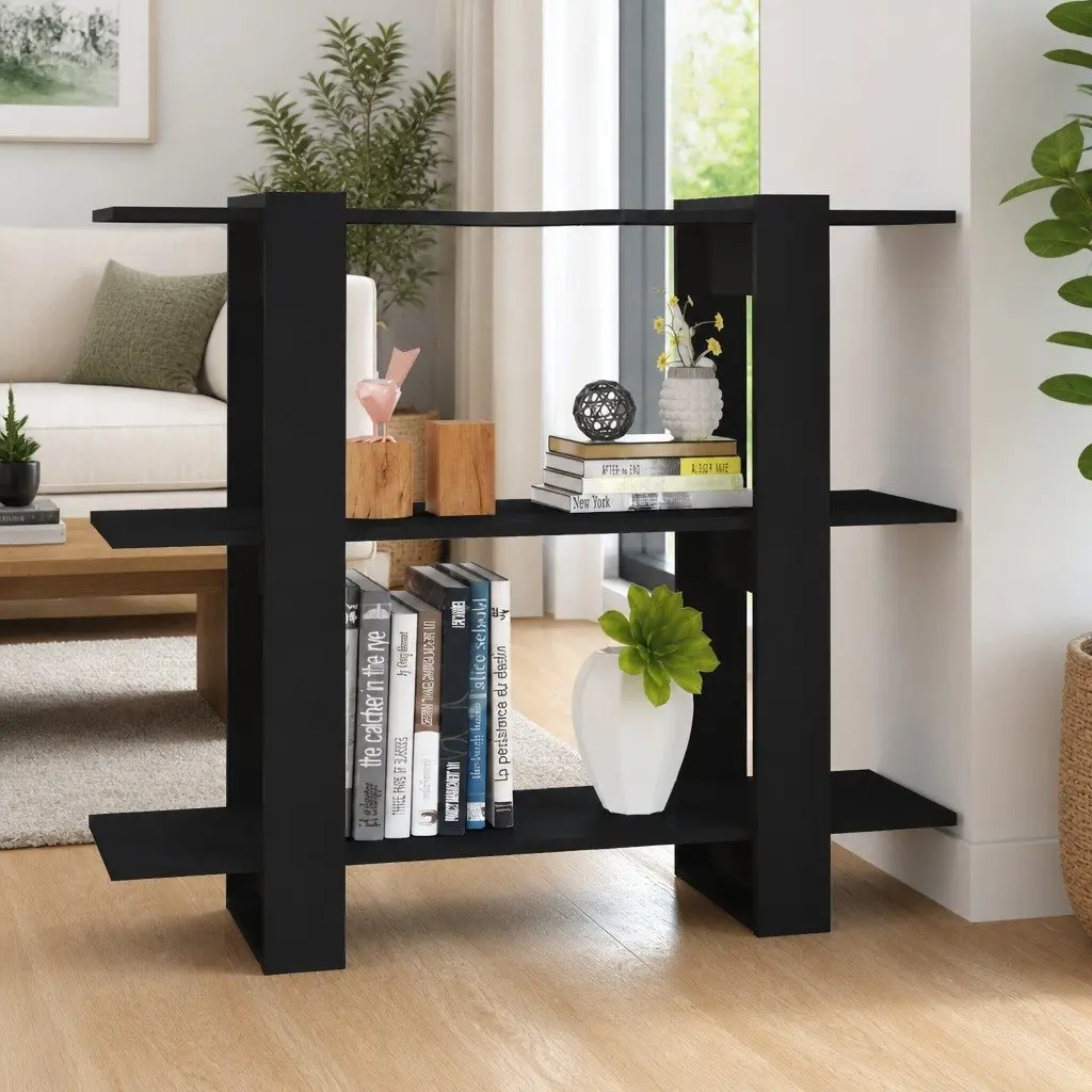 Black Bookshelf Room Divider Storage Unit 100x30x87cm Durable Organizer for Home Furniture