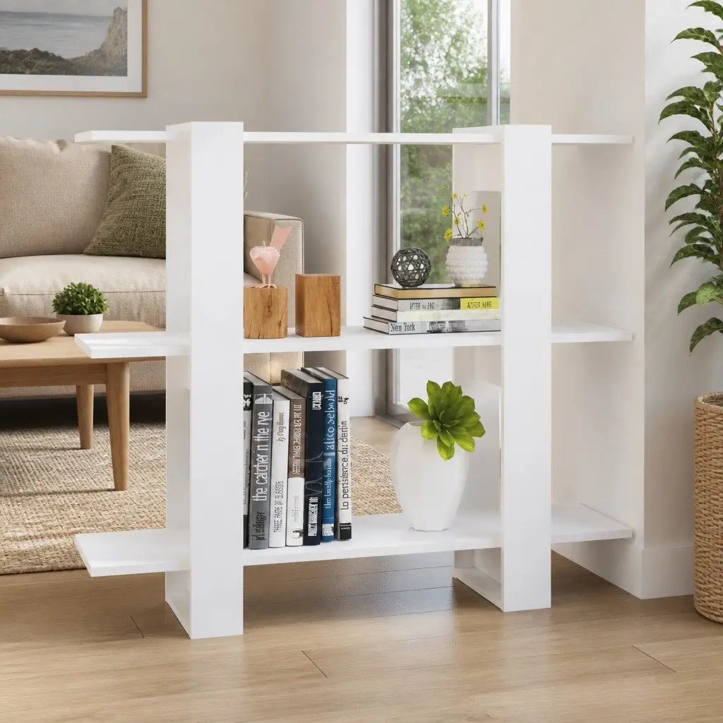 Book Cabinet High Gloss White 100W x 30D x 87H cm Storage Organiser Room Divider