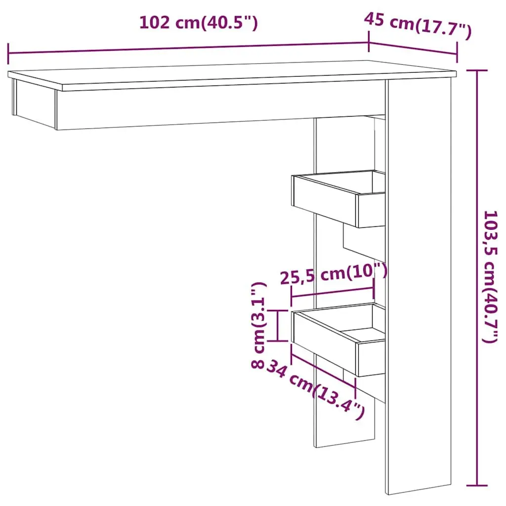 Wall Mounted Bar Table White Engineered Wood 102x45x1035cm with 2 Storage Compartments for Kitchen Dining