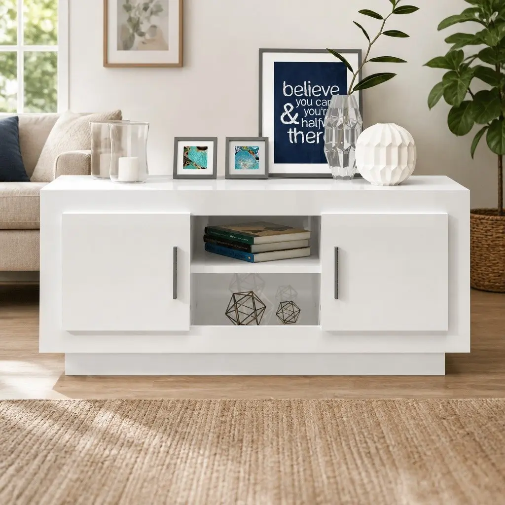 TV Cabinet White High Gloss Modern Storage Unit Media Stand Shelves Organiser