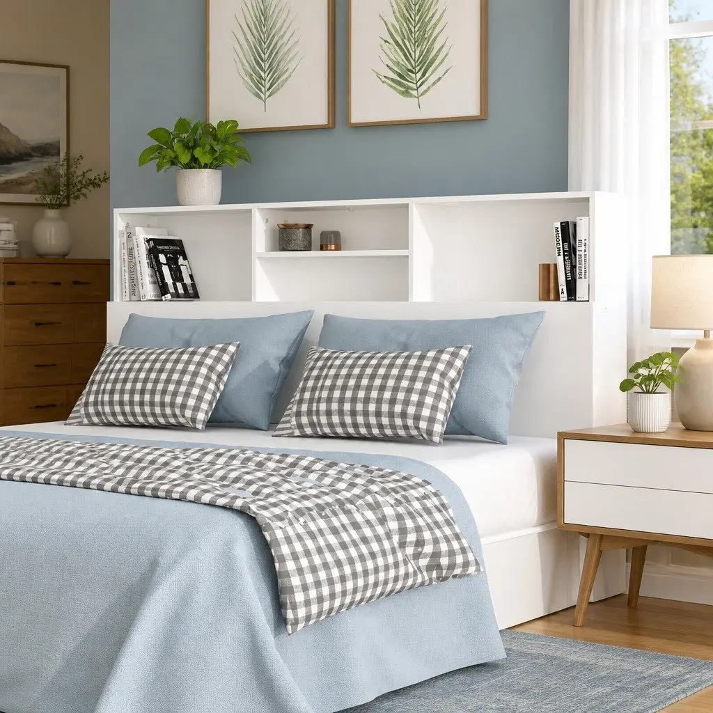 White Wall-Mount Headboard Cabinet 160cm Storage
