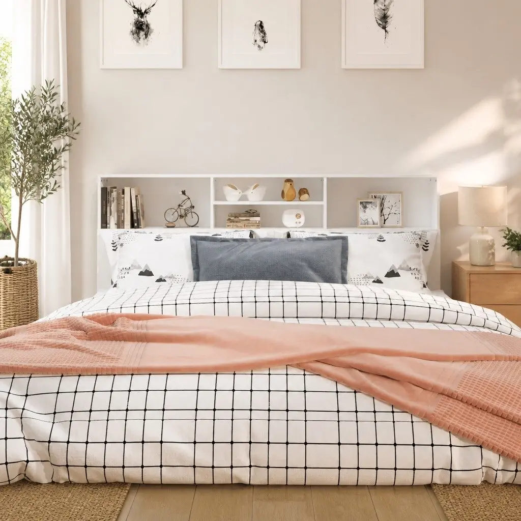 Headboard Cabinet White 180cm Engineered Wood Wall Mounted Storage Bookcase with Compartments