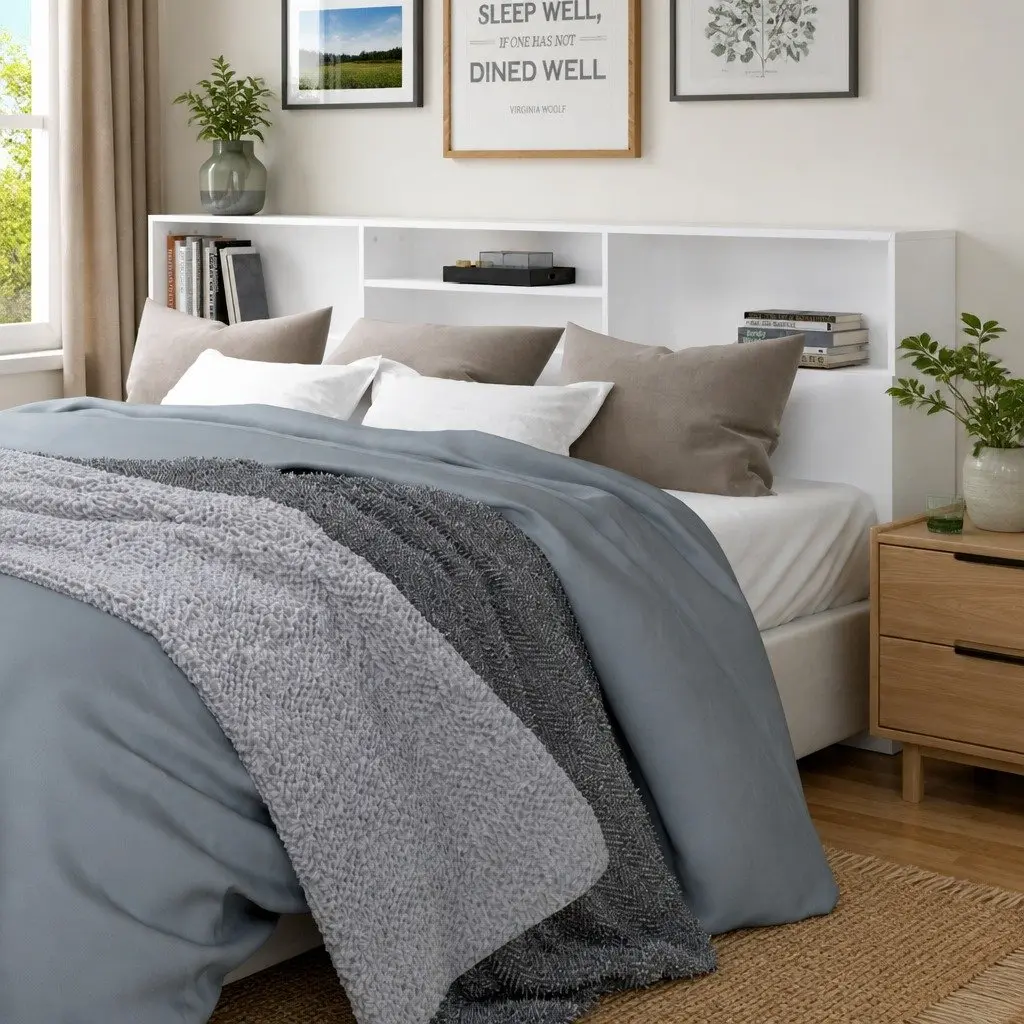 White Headboard Cabinet for Bedroom Storage