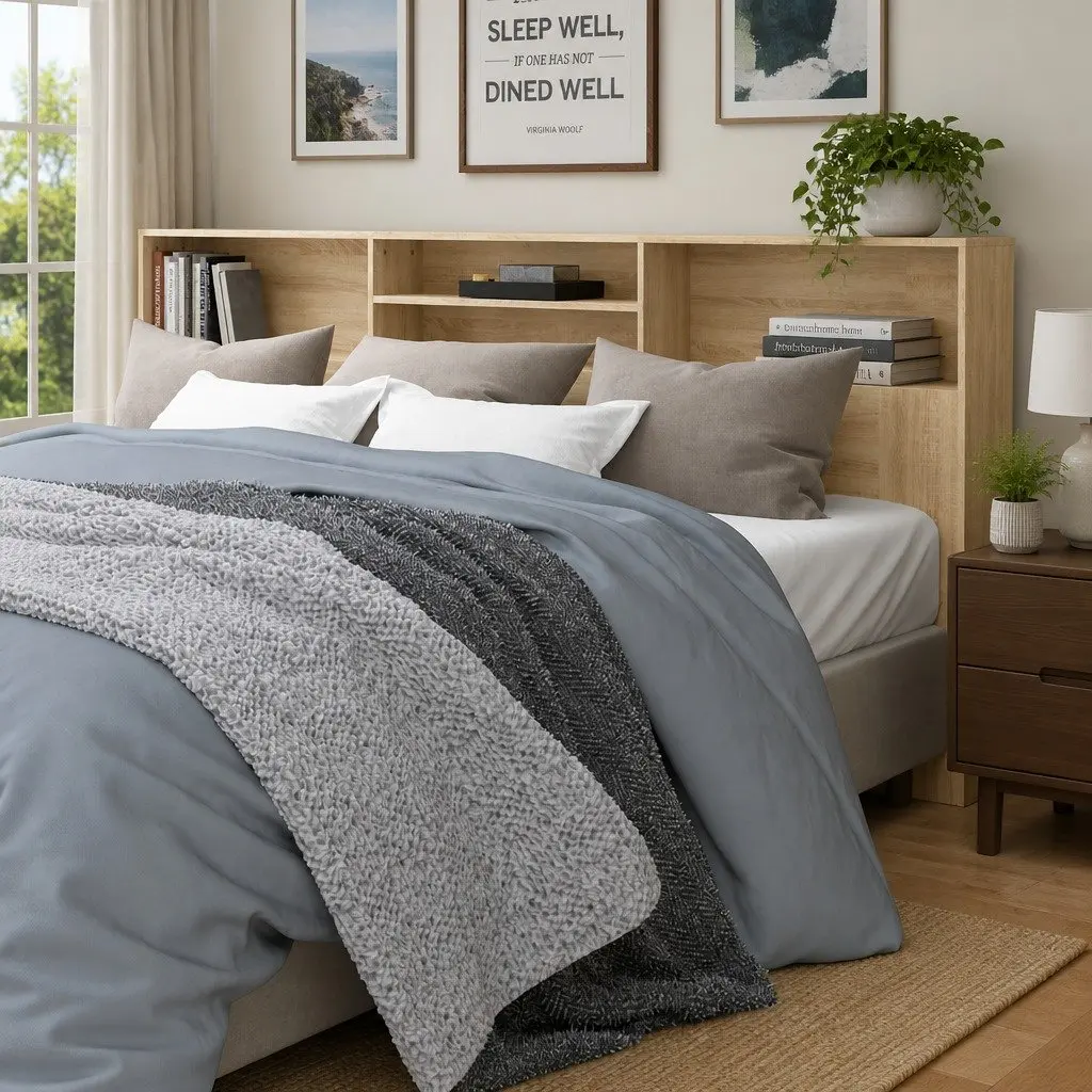 Headboard Cabinet Brown 220cm Wall-Mounted Engineered Wood Bedroom Storage