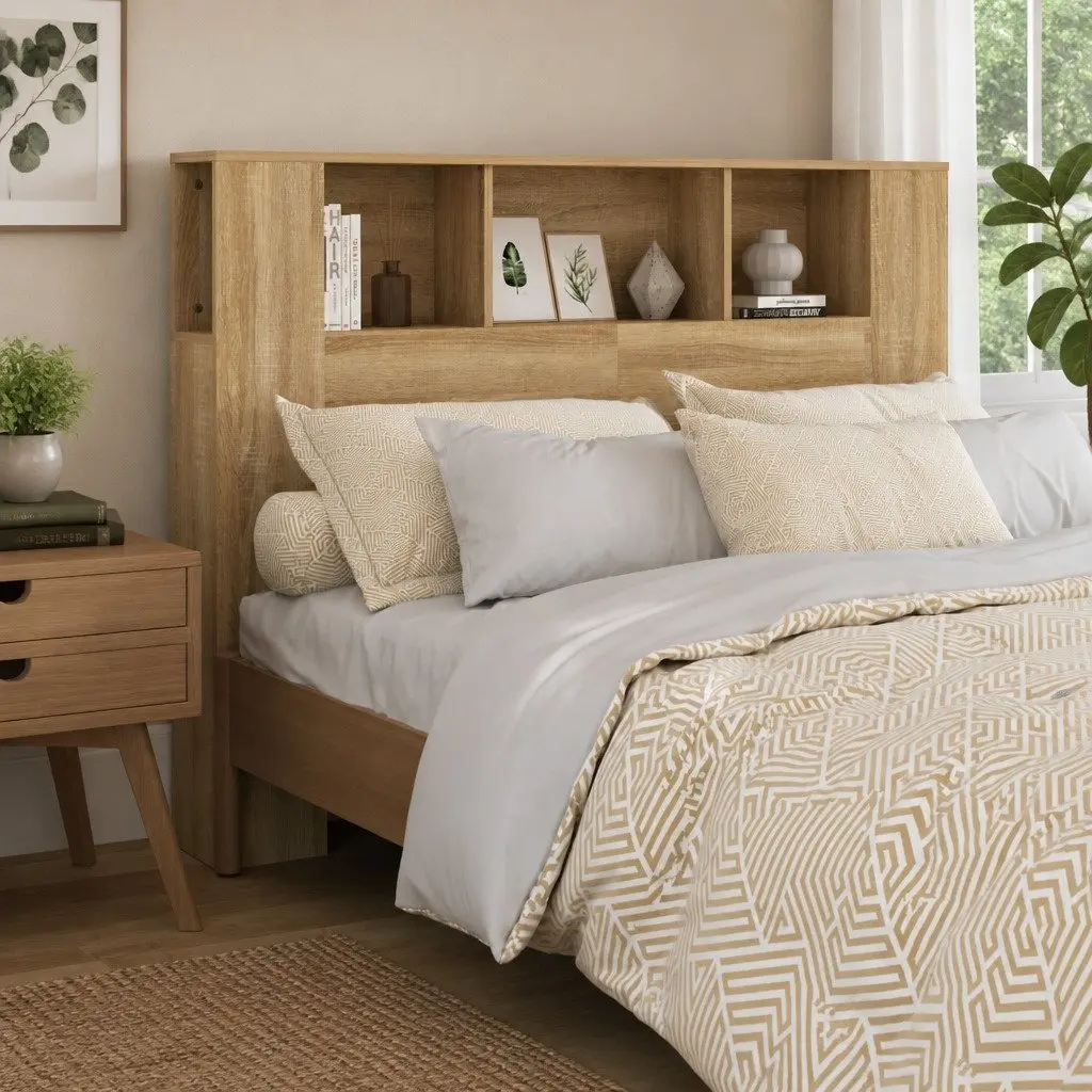 Brown Oak Wall-Mounted Headboard Storage Bookcase 140cm