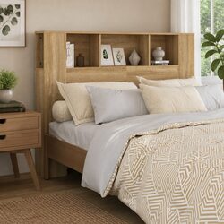 Brown Oak Wall-Mounted Headboard Storage Bookcase 140cm