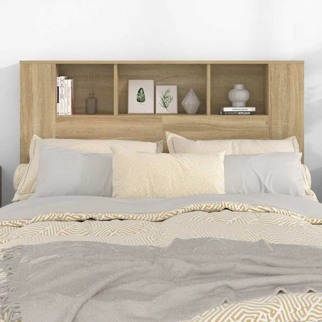 Brown Oak Wall-Mounted Headboard Storage Bookcase 140cm