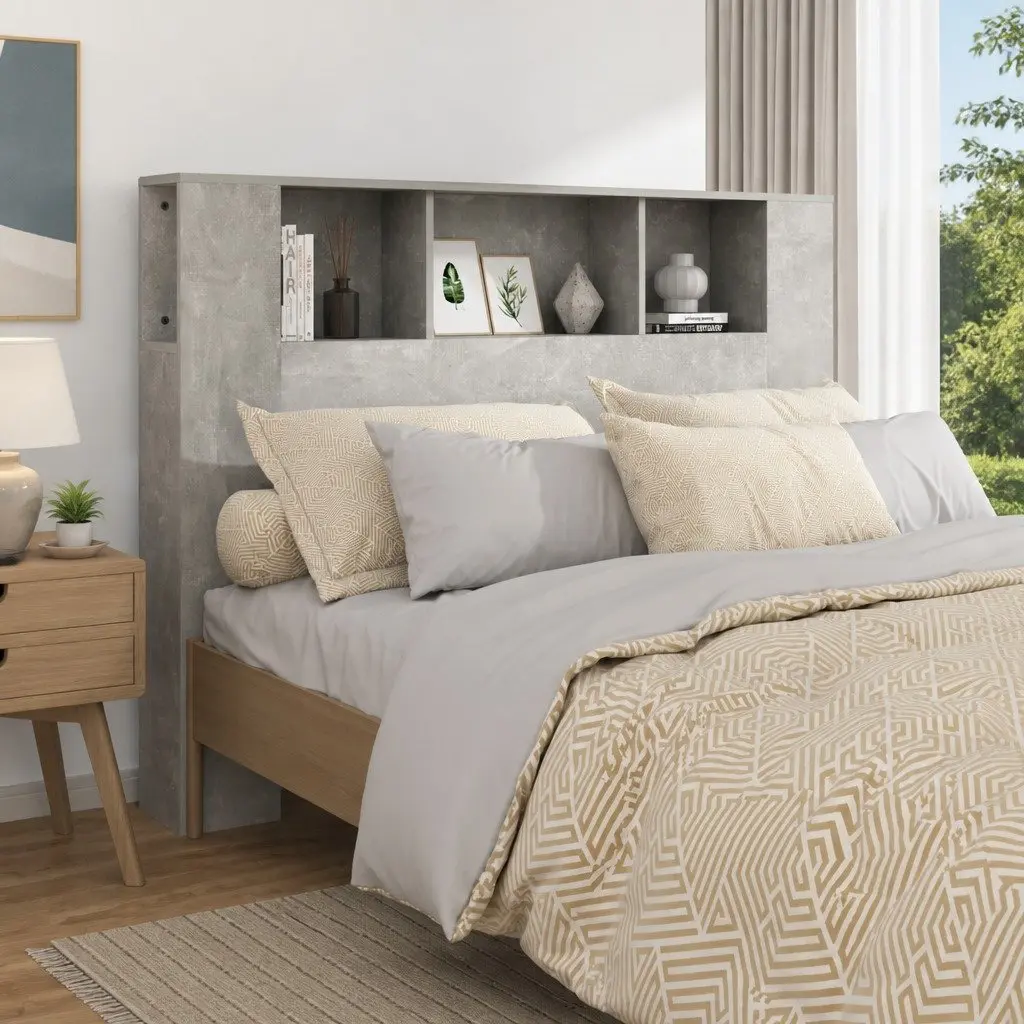 Grey Wall-Mounted Headboard Cabinet with Storage