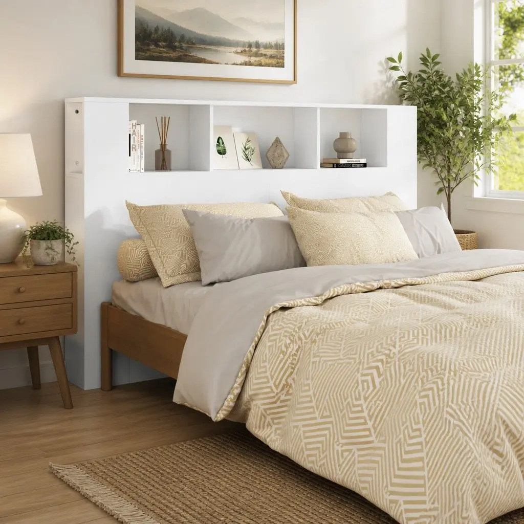 White Wall-Mounted Headboard Cabinet for Bedroom Storage