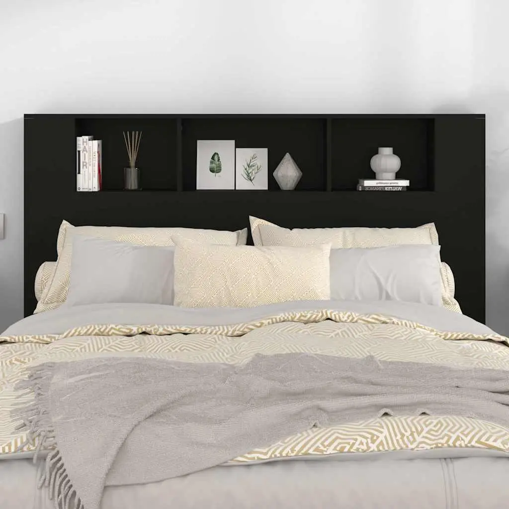 Headboard Cabinet Black 160cm Wall-Mounted Engineered Wood Bedroom Storage Bookcase