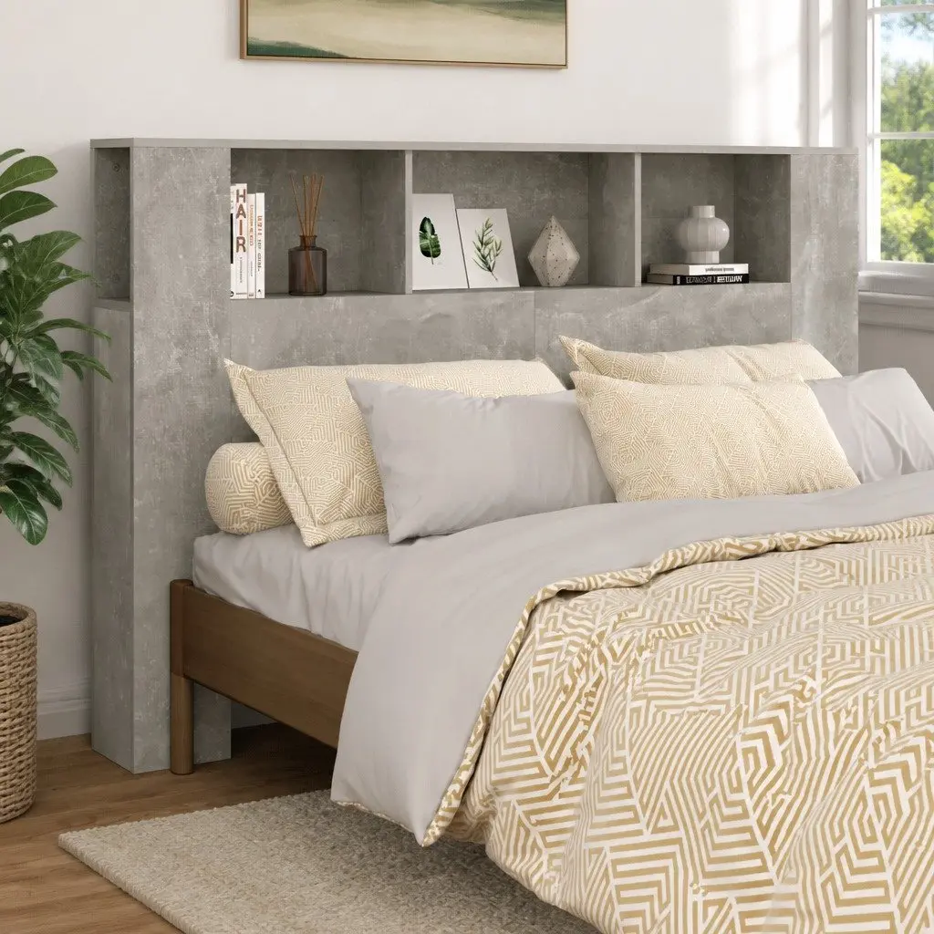 Grey Wall-Mounted Headboard Cabinet with Storage
