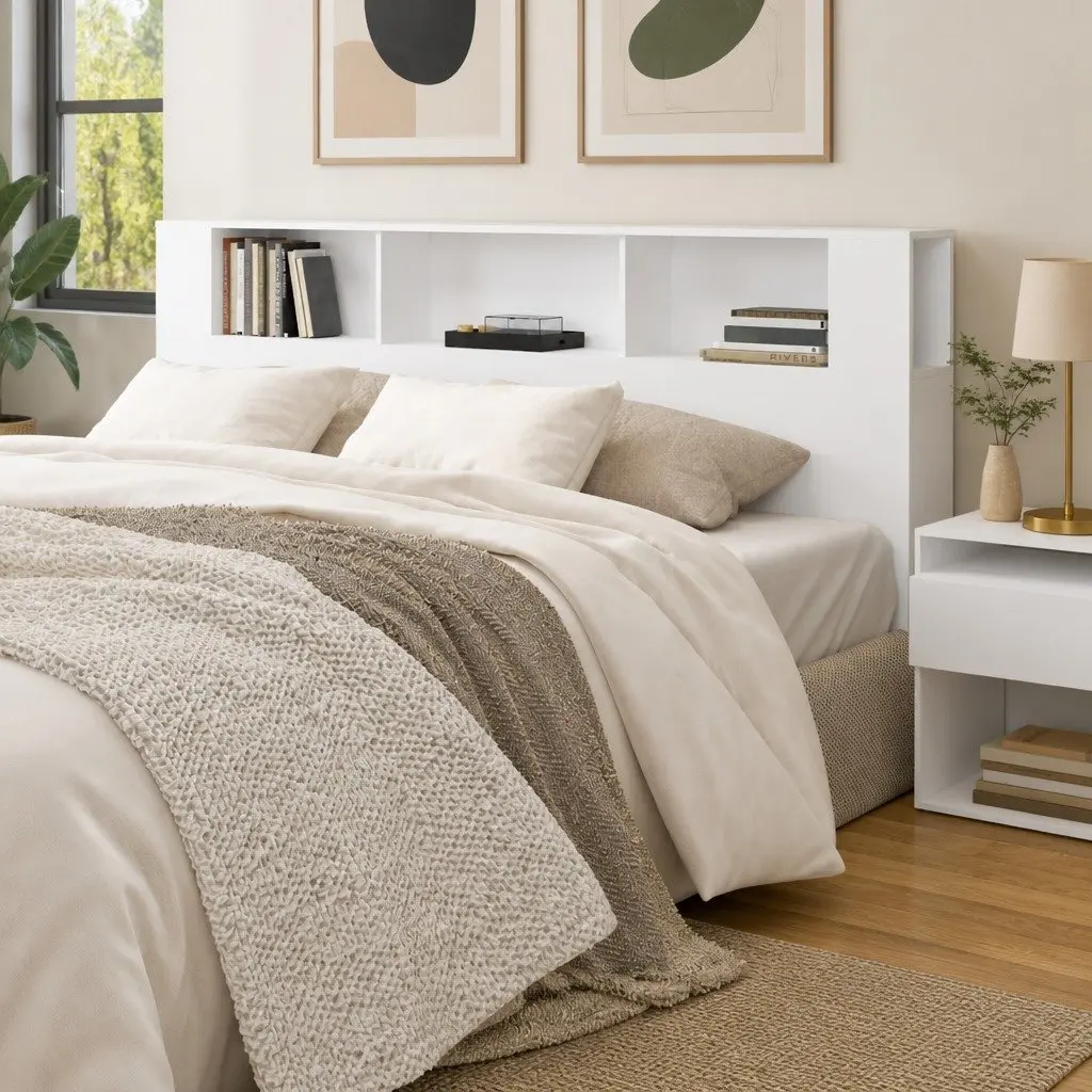 White Headboard Cabinet 200cm Wall Storage Unit