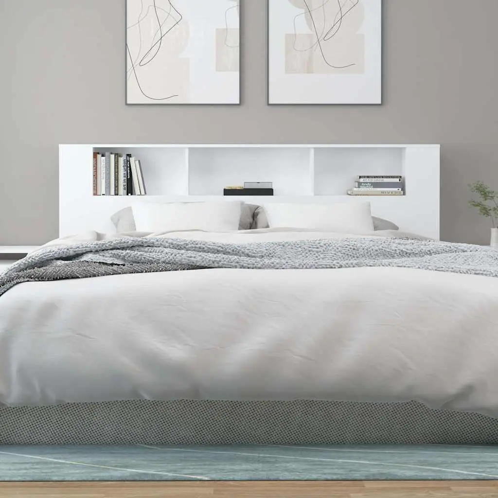 White Headboard Cabinet 200cm Wall Storage Unit