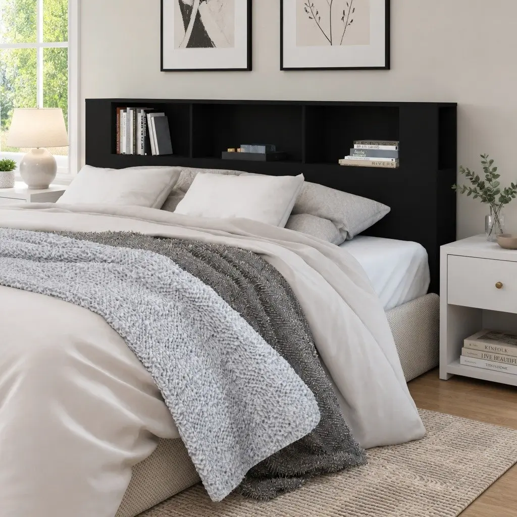 Black Wall-Mount Headboard Cabinet with Storage
