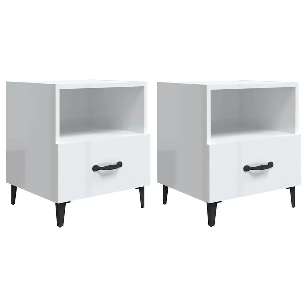 Bedside Cabinets High Gloss White 2 Piece Engineered Wood Nightstand with Drawer and Shelf
