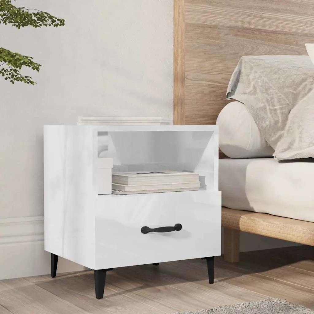 Bedside Cabinets High Gloss White 2 Piece Engineered Wood Nightstand with Drawer and Shelf