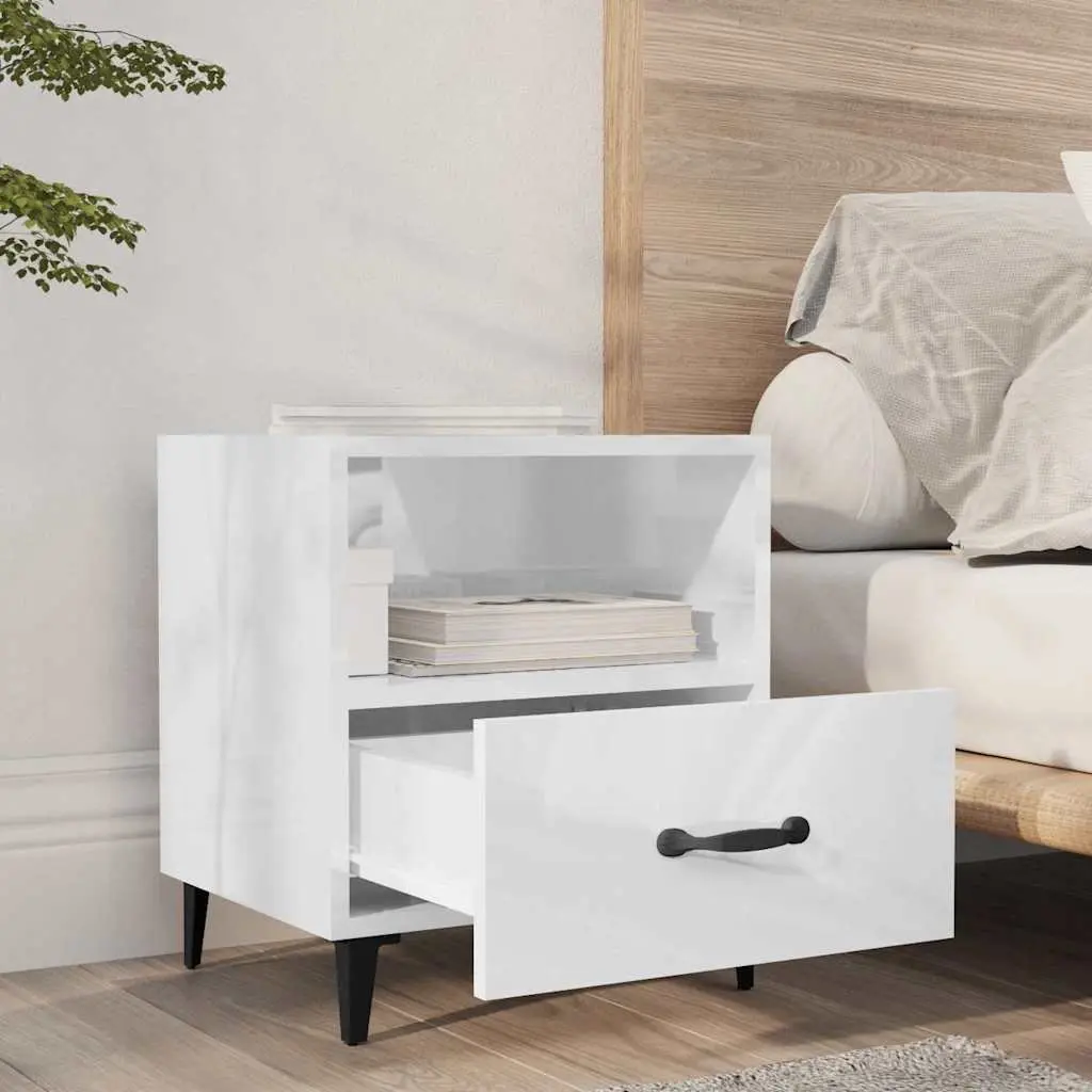 Bedside Cabinets High Gloss White 2 Piece Engineered Wood Nightstand with Drawer and Shelf