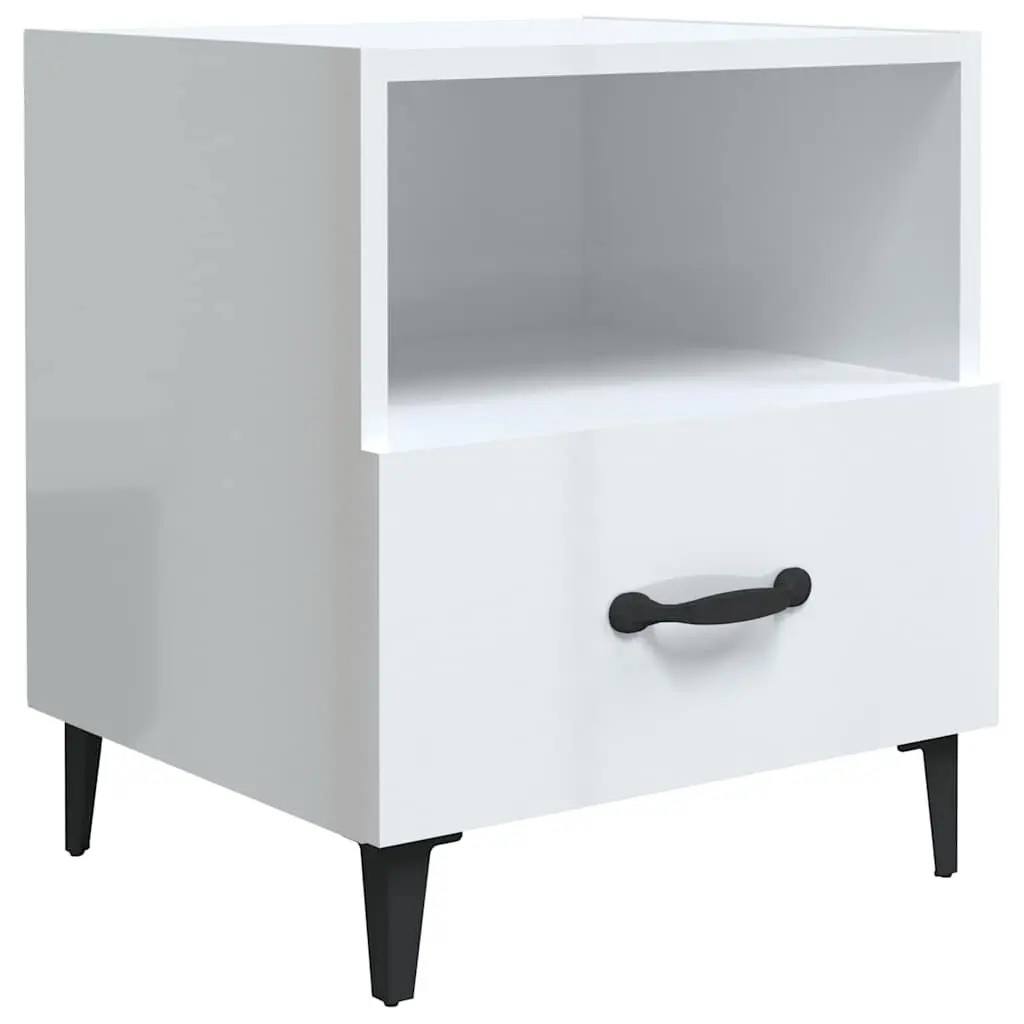 Bedside Cabinets High Gloss White 2 Piece Engineered Wood Nightstand with Drawer and Shelf