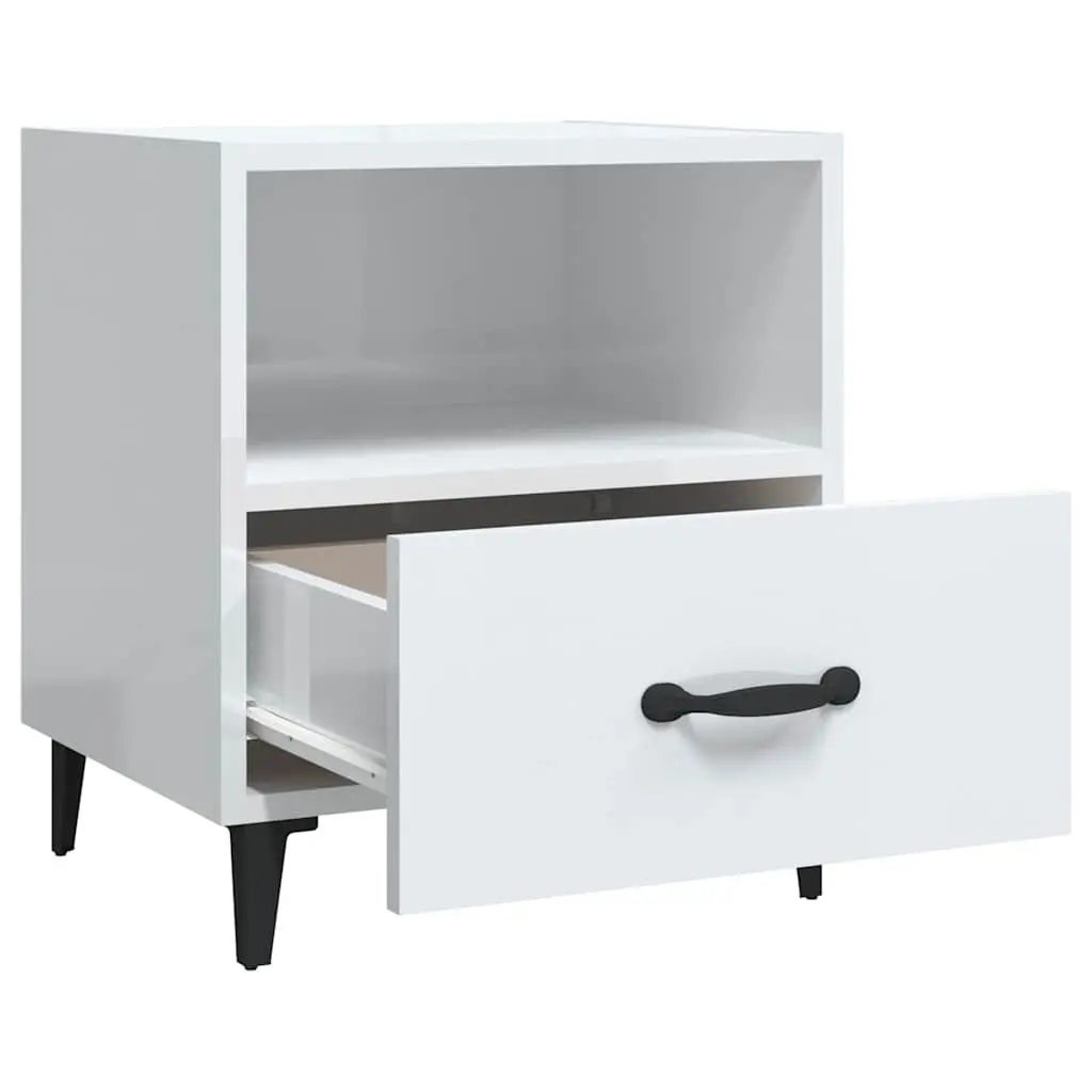 Bedside Cabinets High Gloss White 2 Piece Engineered Wood Nightstand with Drawer and Shelf