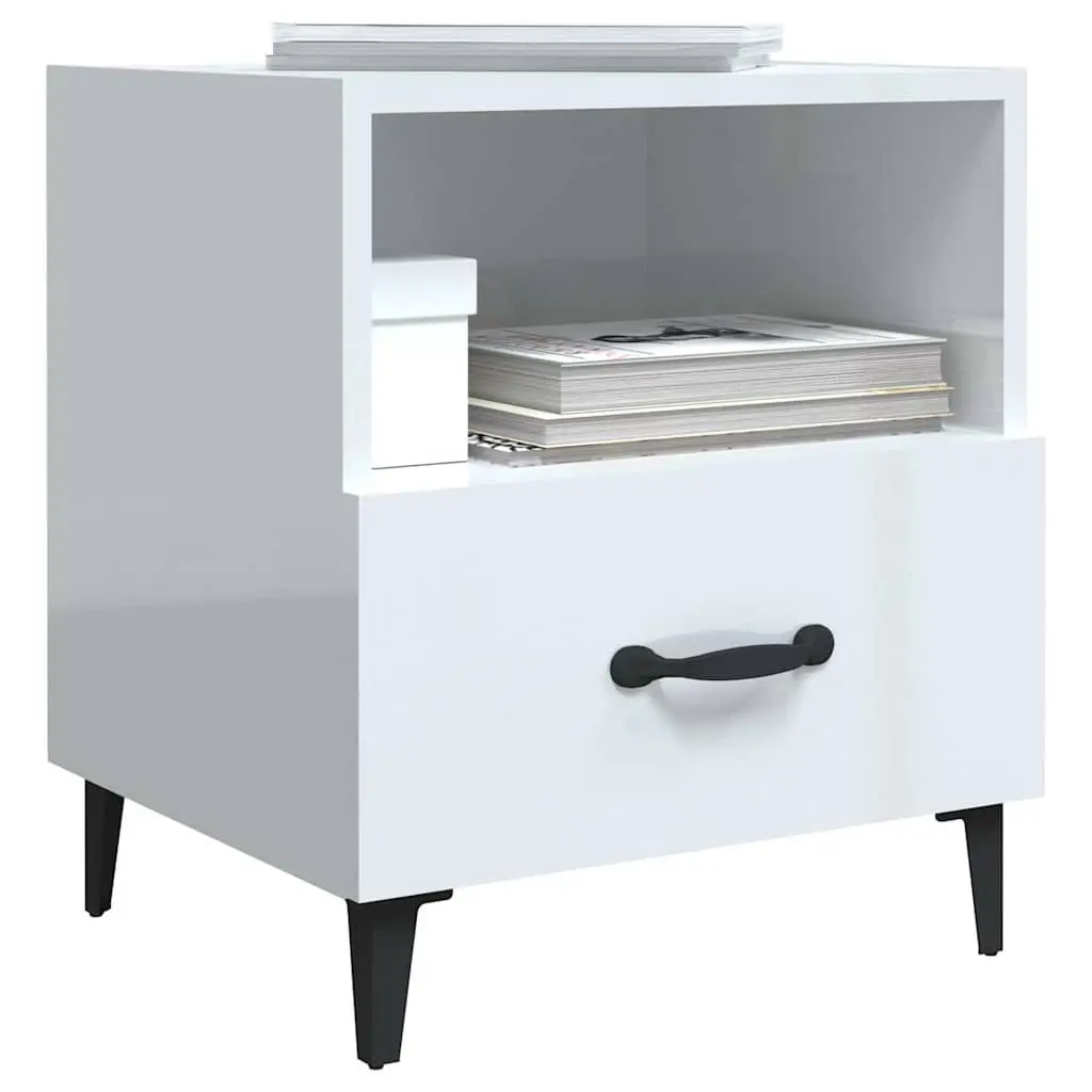 Bedside Cabinets High Gloss White 2 Piece Engineered Wood Nightstand with Drawer and Shelf