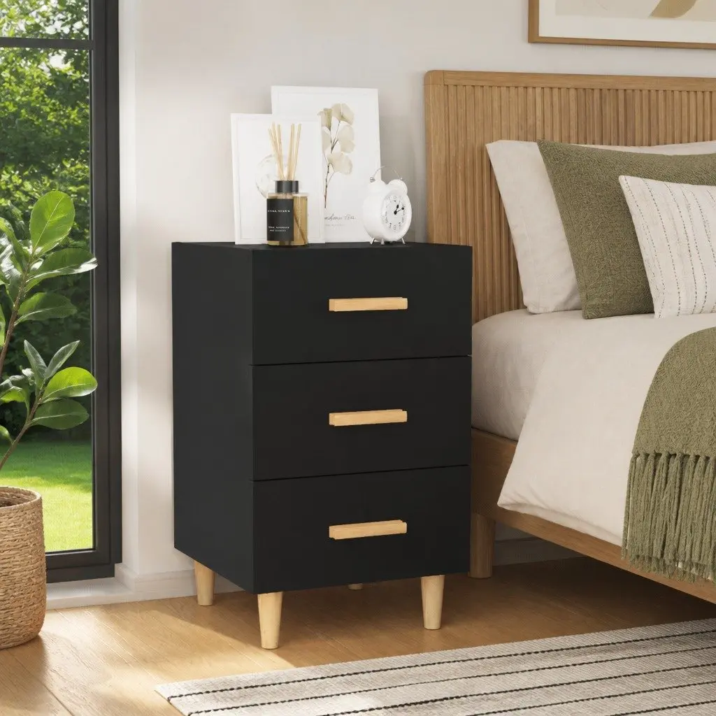 Bedside Cabinet Black 3 Drawer Nightstand Engineered Wood 40 x 40 x 66 cm