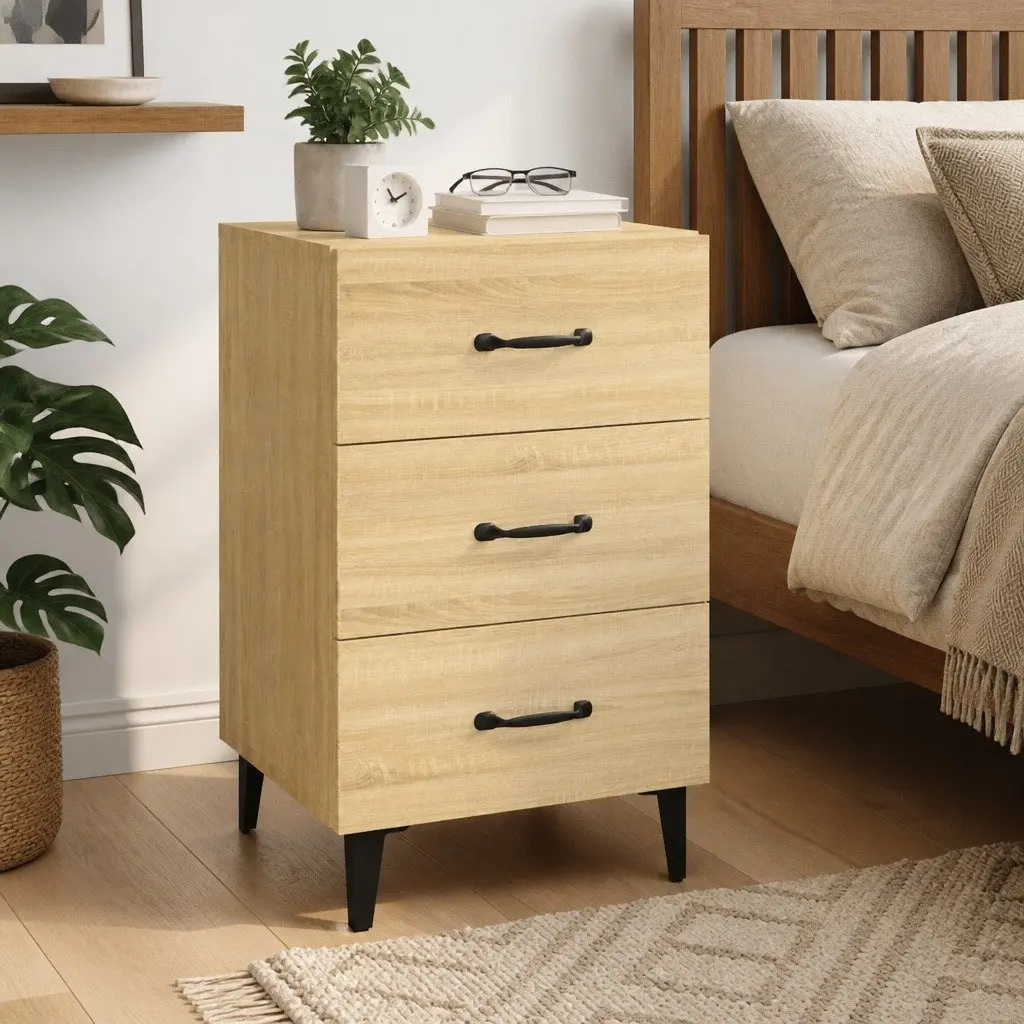 Brown Engineered Wood Nightstand with 3 Drawers