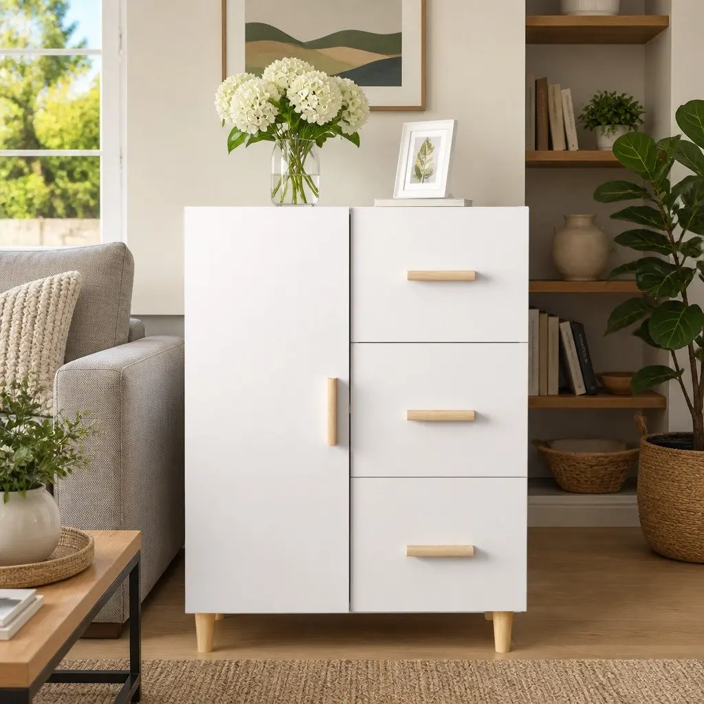 High Gloss White Storage Sideboard with 3 Drawers