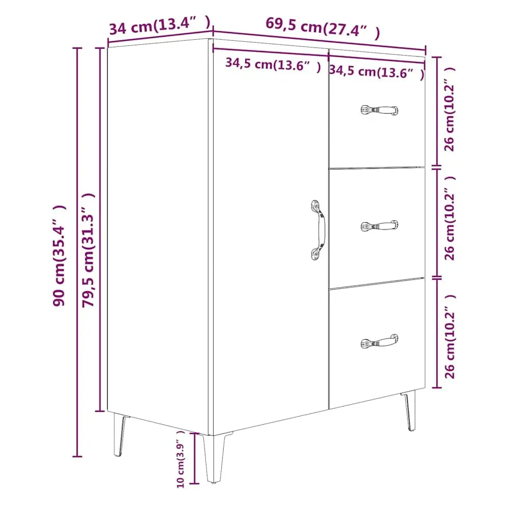 Black Sideboard Cabinet 69.5x34x90cm Storage Buffet with Door Drawers