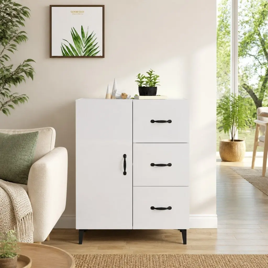 Sideboard High Gloss White Storage Cabinet 1 Door 3 Drawers Engineered Wood