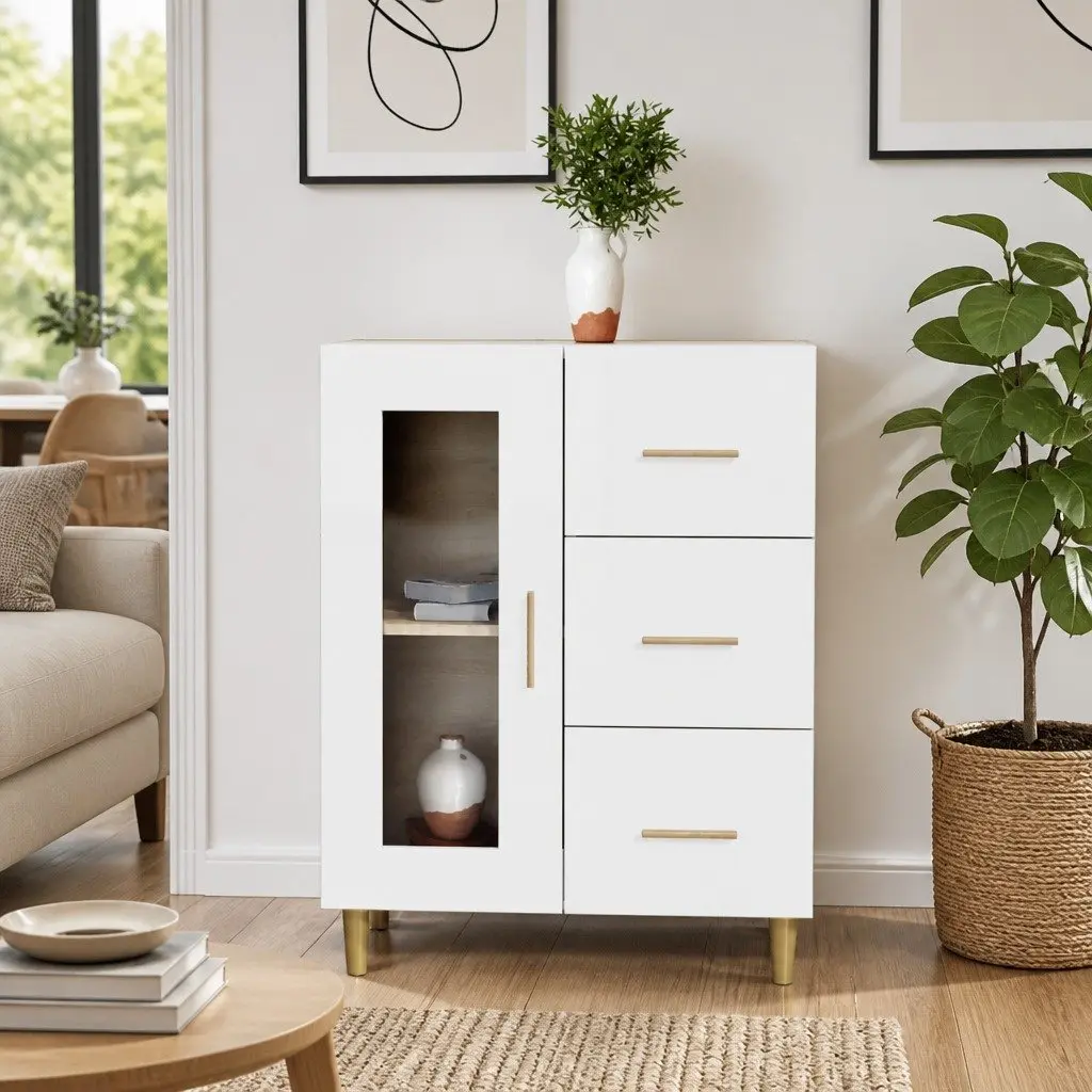 White High Gloss Sideboard with Glass Doors and Drawers