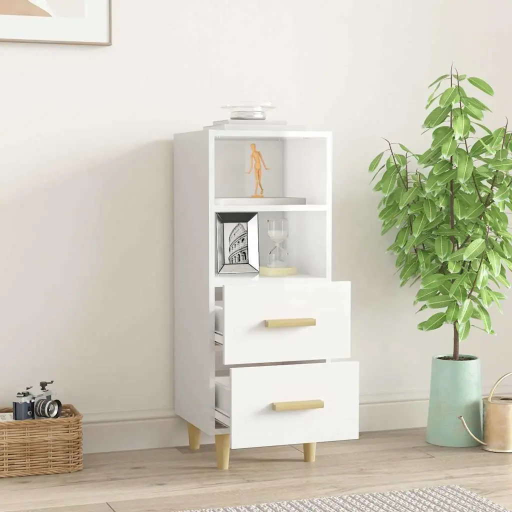 Sideboard High Gloss White 2 Drawers 2 Shelves Engineered Wood