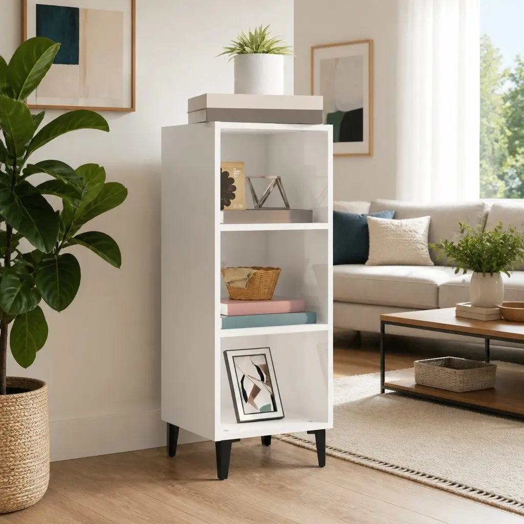 Sideboard Cabinet White High Gloss 34.5x32.5x90cm Engineered Wood with Metal Legs