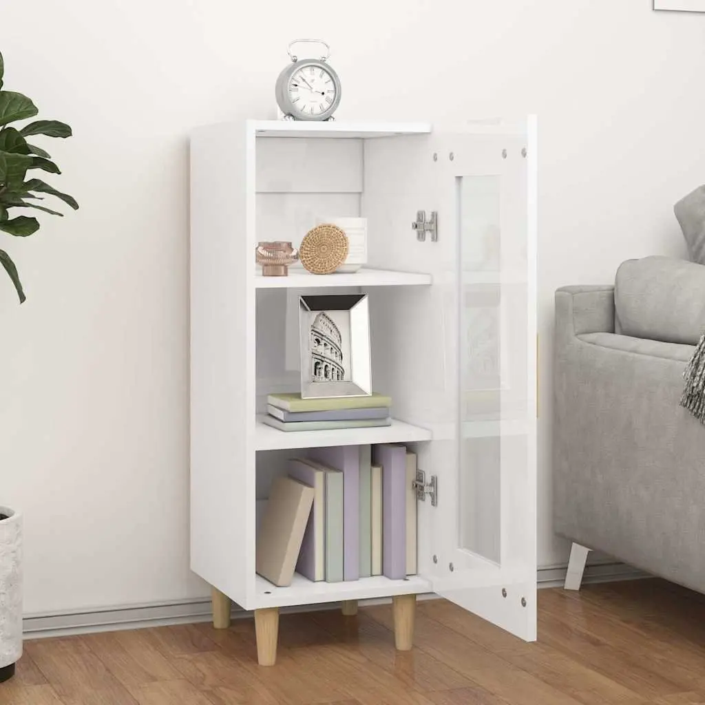 Sideboard High Gloss White Engineered Wood 3 Compartment Storage Cabinet with Glass Door