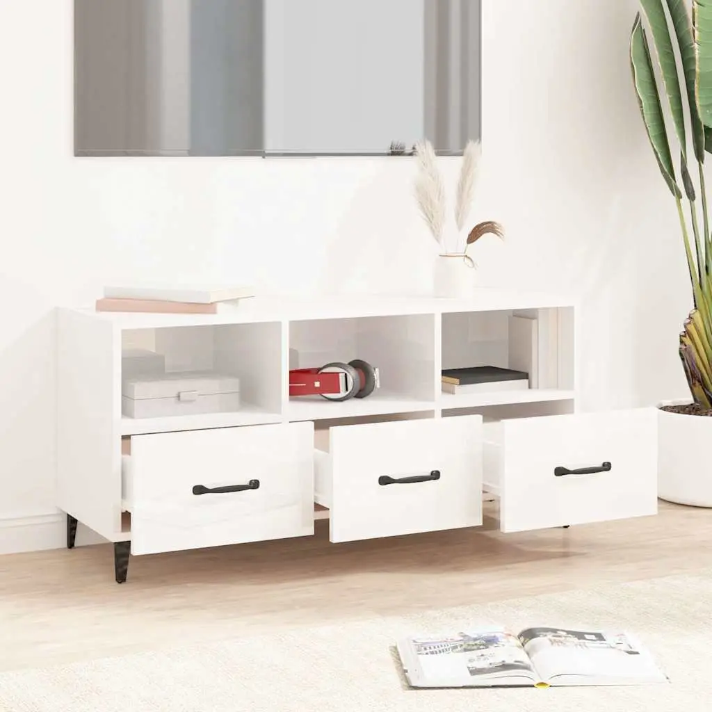TV Cabinet High Gloss White Modern Media Unit Storage Drawers Shelves Engineered Wood 102 x 35 x 50 cm
