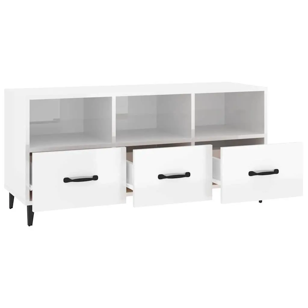 TV Cabinet High Gloss White Modern Media Unit Storage Drawers Shelves Engineered Wood 102 x 35 x 50 cm
