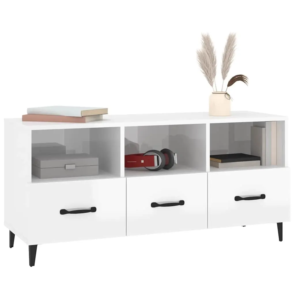 TV Cabinet High Gloss White Modern Media Unit Storage Drawers Shelves Engineered Wood 102 x 35 x 50 cm