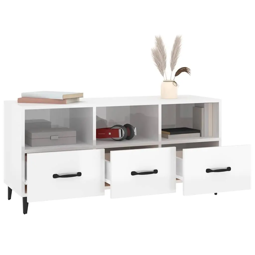 TV Cabinet High Gloss White Modern Media Unit Storage Drawers Shelves Engineered Wood 102 x 35 x 50 cm