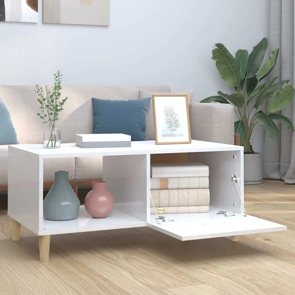 Coffee Table High Gloss White Modern Engineered Wood Storage Compartments