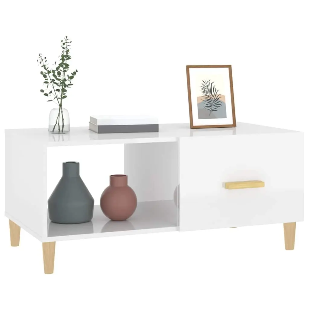 Coffee Table High Gloss White Modern Engineered Wood Storage Compartments