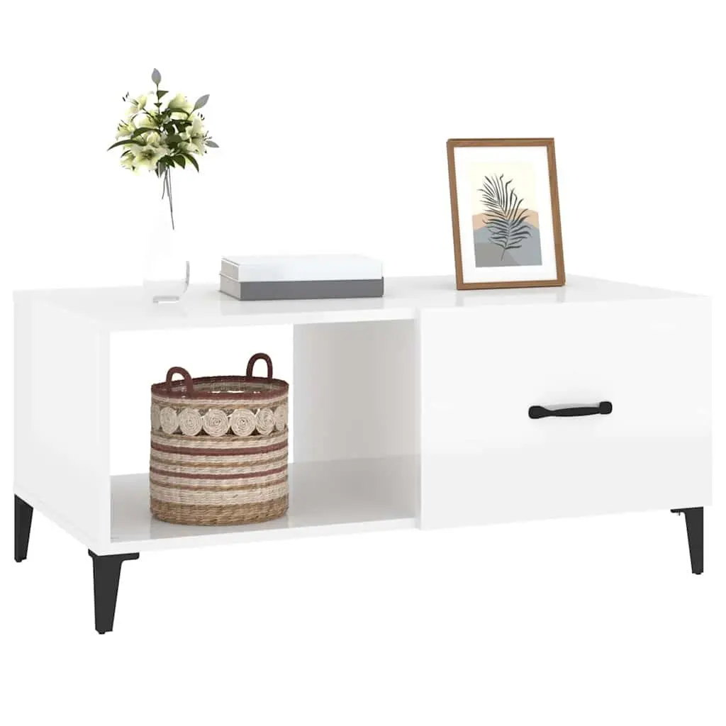 Coffee Table White High Gloss 90L x 50W x 40H cm Engineered Wood