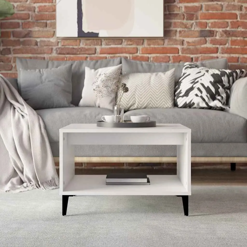 White Coffee Table Engineered Wood Metal Legs Open Storage Compartment 60Lx50Wx40Hcm Living Room Furniture