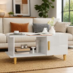 High Gloss White Coffee Table with Storage Compartment