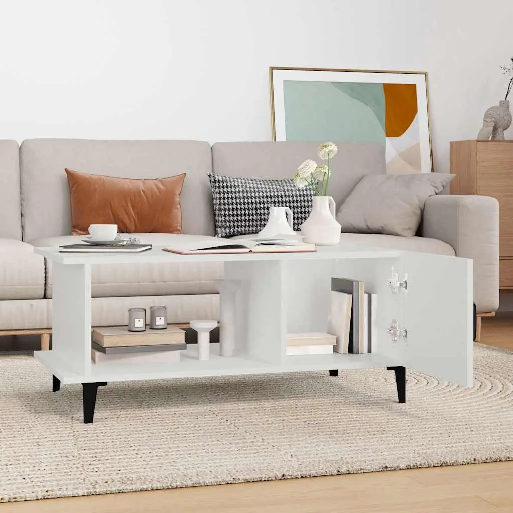 Coffee Table White 90x50x40 cm Engineered Wood with Storage Compartment and Metal Legs