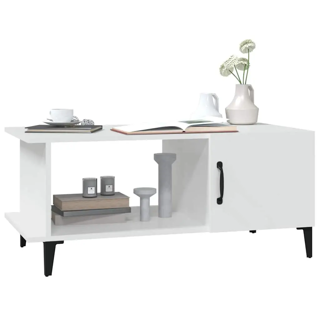 Coffee Table White 90x50x40 cm Engineered Wood with Storage Compartment and Metal Legs